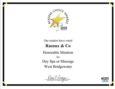 Wicked Local Readers' Choice 2018 certificate: Honorable Mention, Day Spa or Massage, West Bridgewater