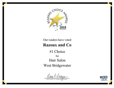 Wicked Local Readers' Choice 2018 certificate: #1 Choice, Hair Salon, West Bridgewater