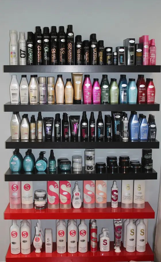 Wall of professional salon hair products